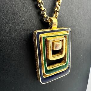 Vintage 1970s Modernist Signed DG Blue Green Enamel Pendant 25" Necklace